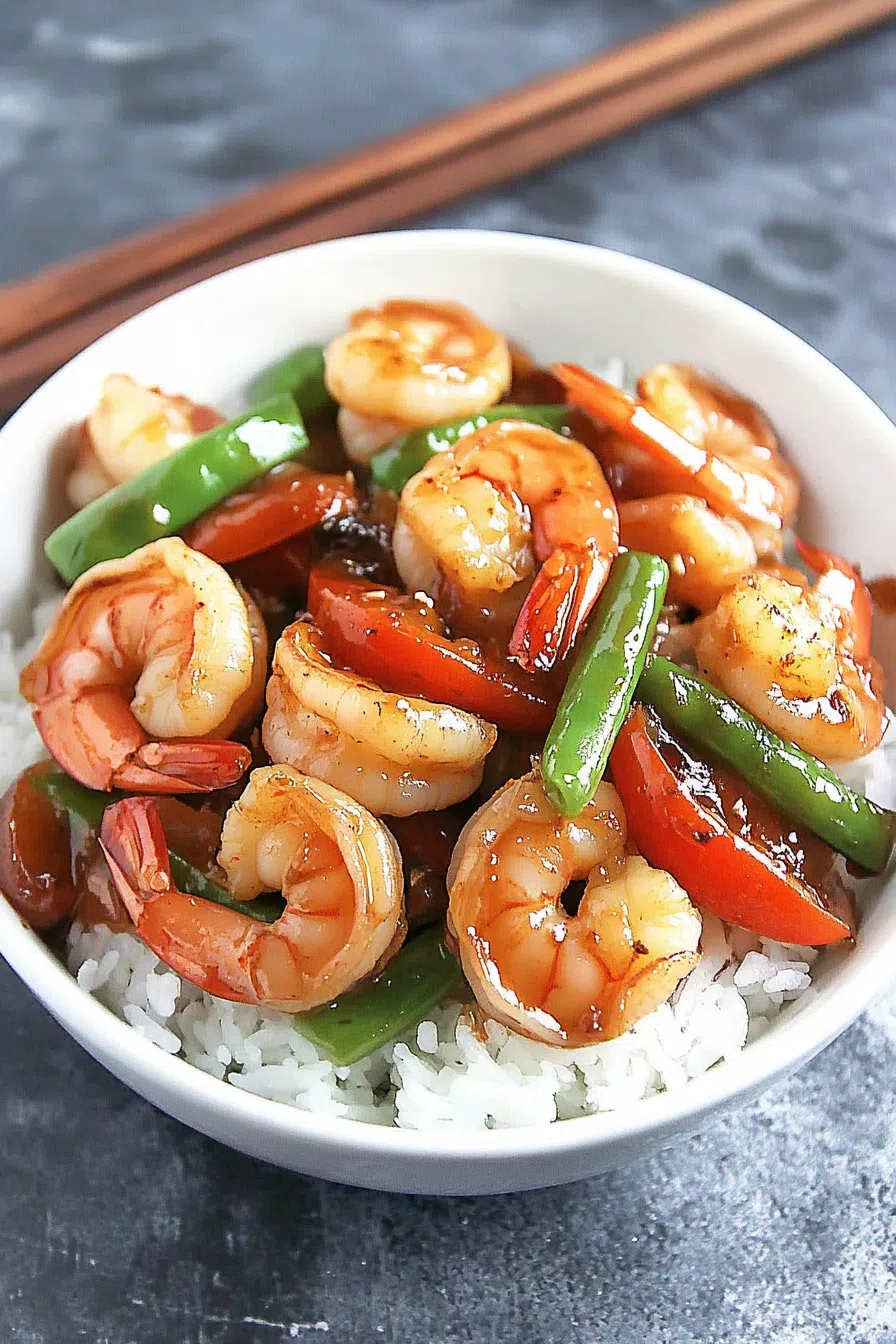 A serving of shrimp and vegetables with a side of steamed rice.