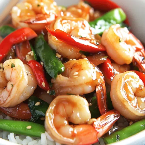 Sizzling shrimp dish garnished with sesame seeds and green onions.