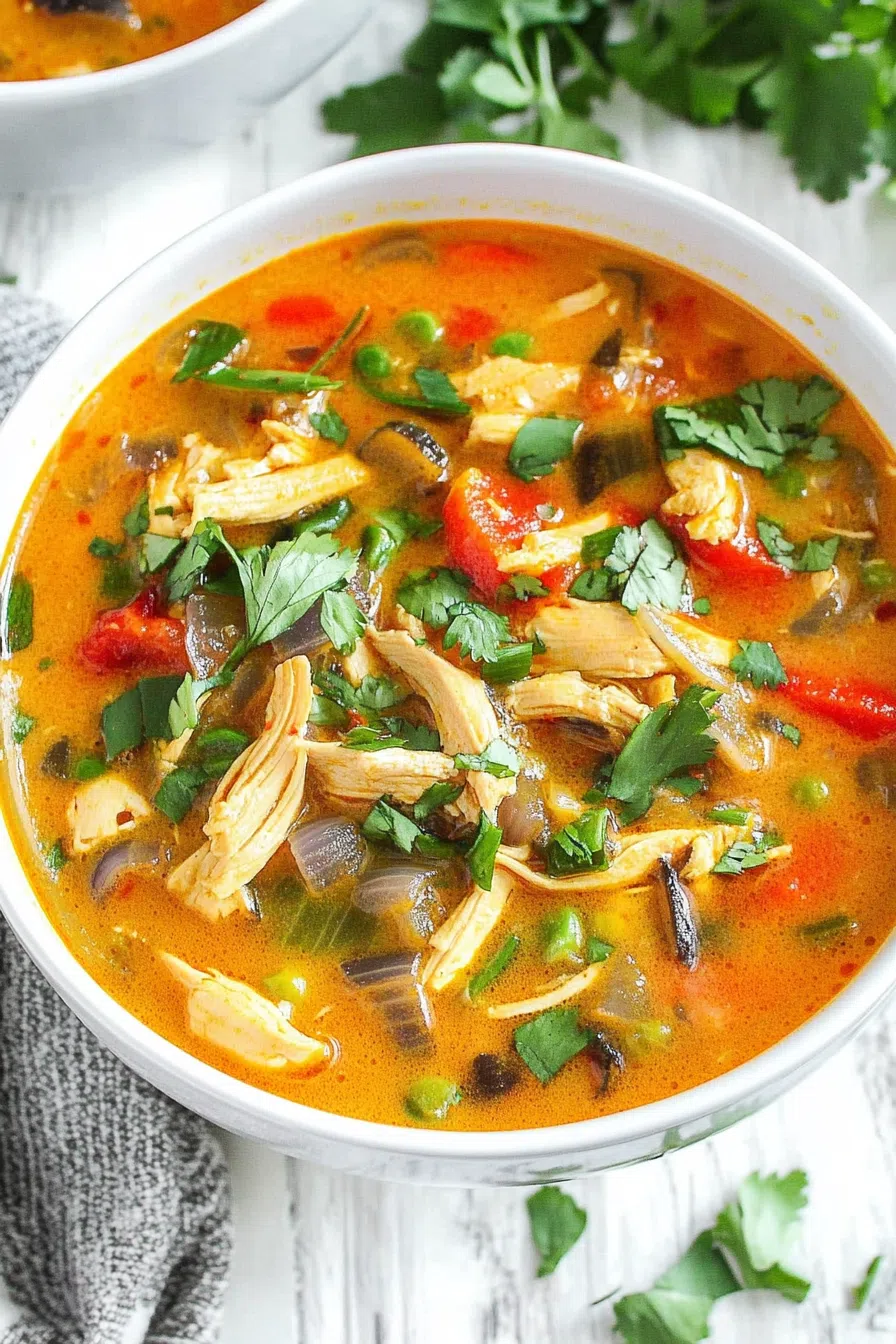 A top-down view of a bowl of soup with garnishes and a sprinkle of chili flakes.