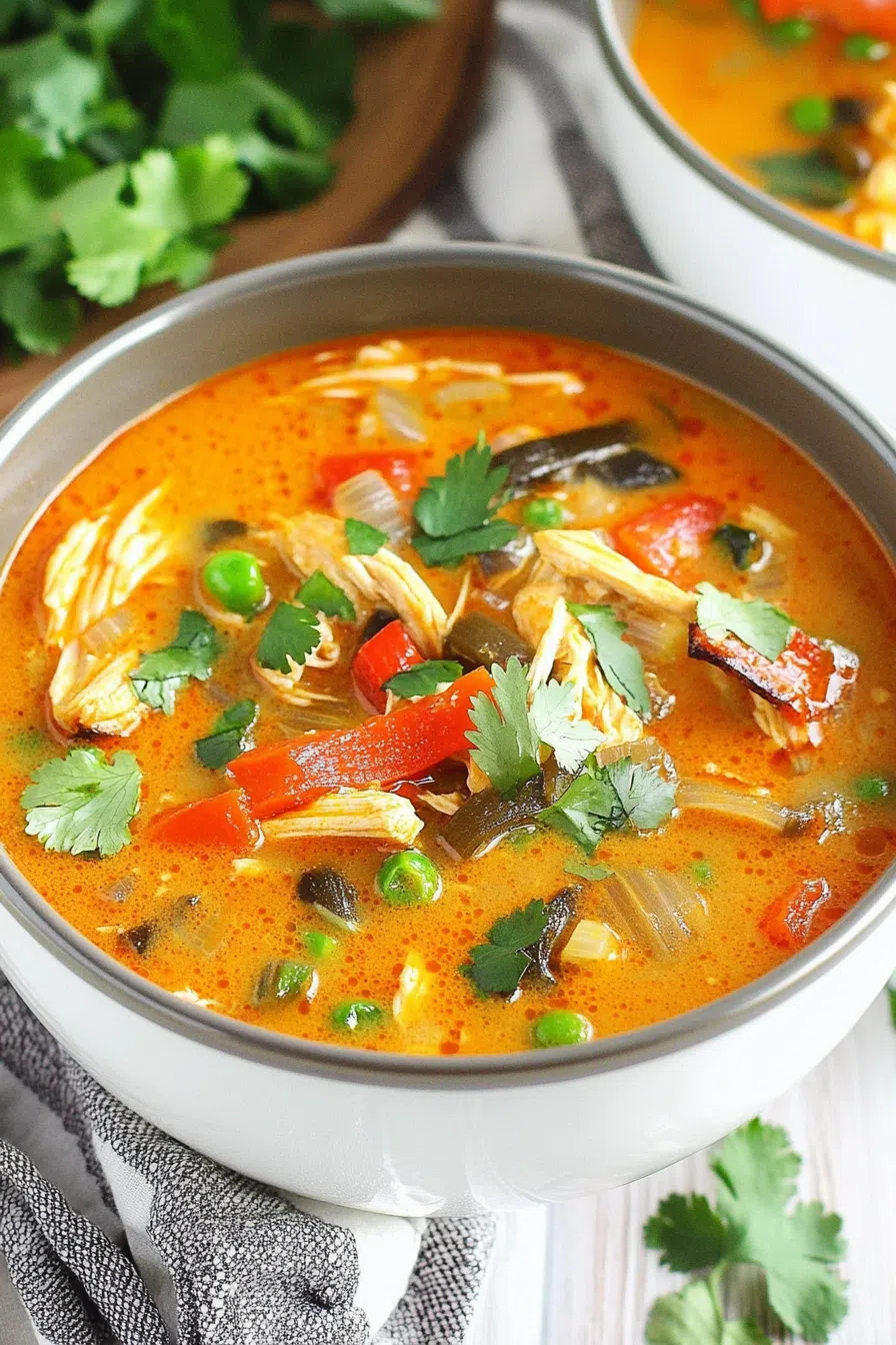 A bowl of creamy soup with chunks of chicken and vegetables, garnished with fresh herbs.