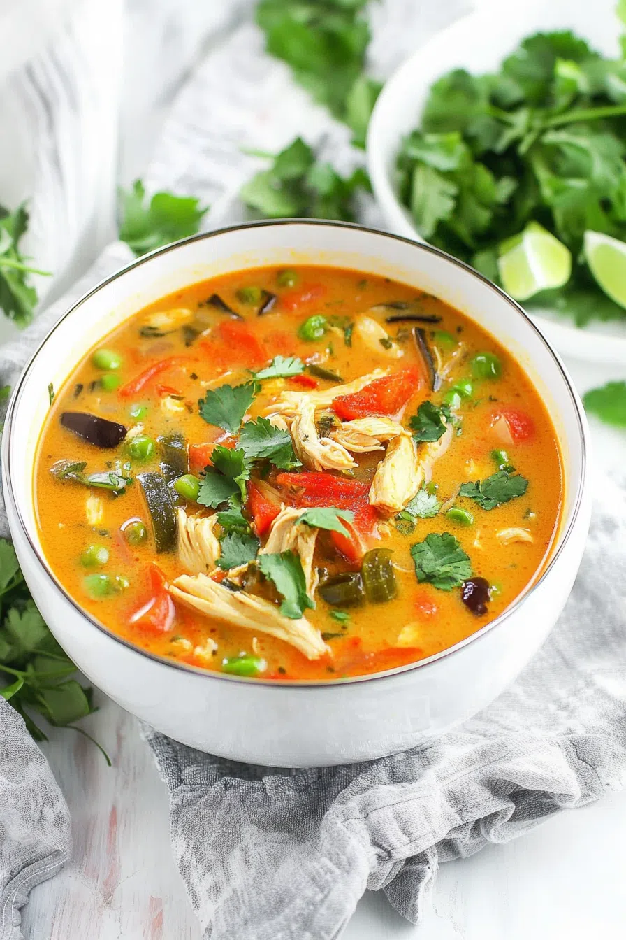 A bowl of creamy soup with pieces of chicken, vegetables, and a sprinkle of herbs.