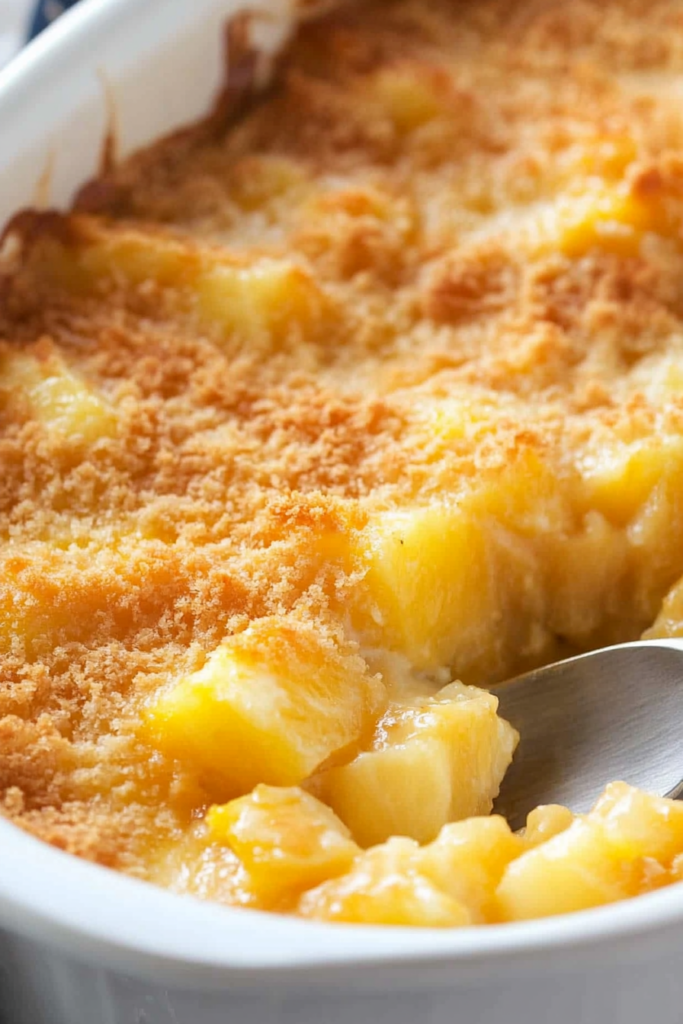A spoon scooping out a warm serving of sweet and savory baked casserole.