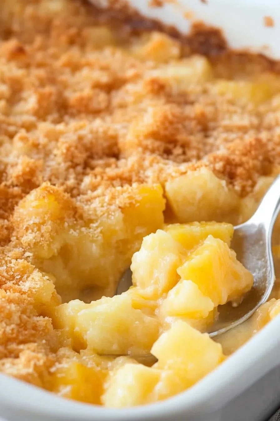 A serving spoon lifting a portion of warm, cheesy pineapple casserole from the dish.