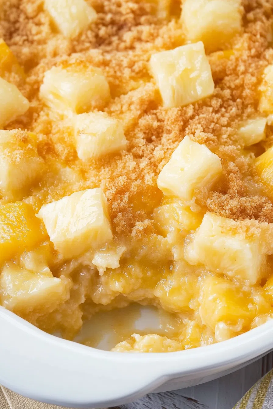 A golden, bubbly casserole with a crispy, buttery topping fresh out of the oven.