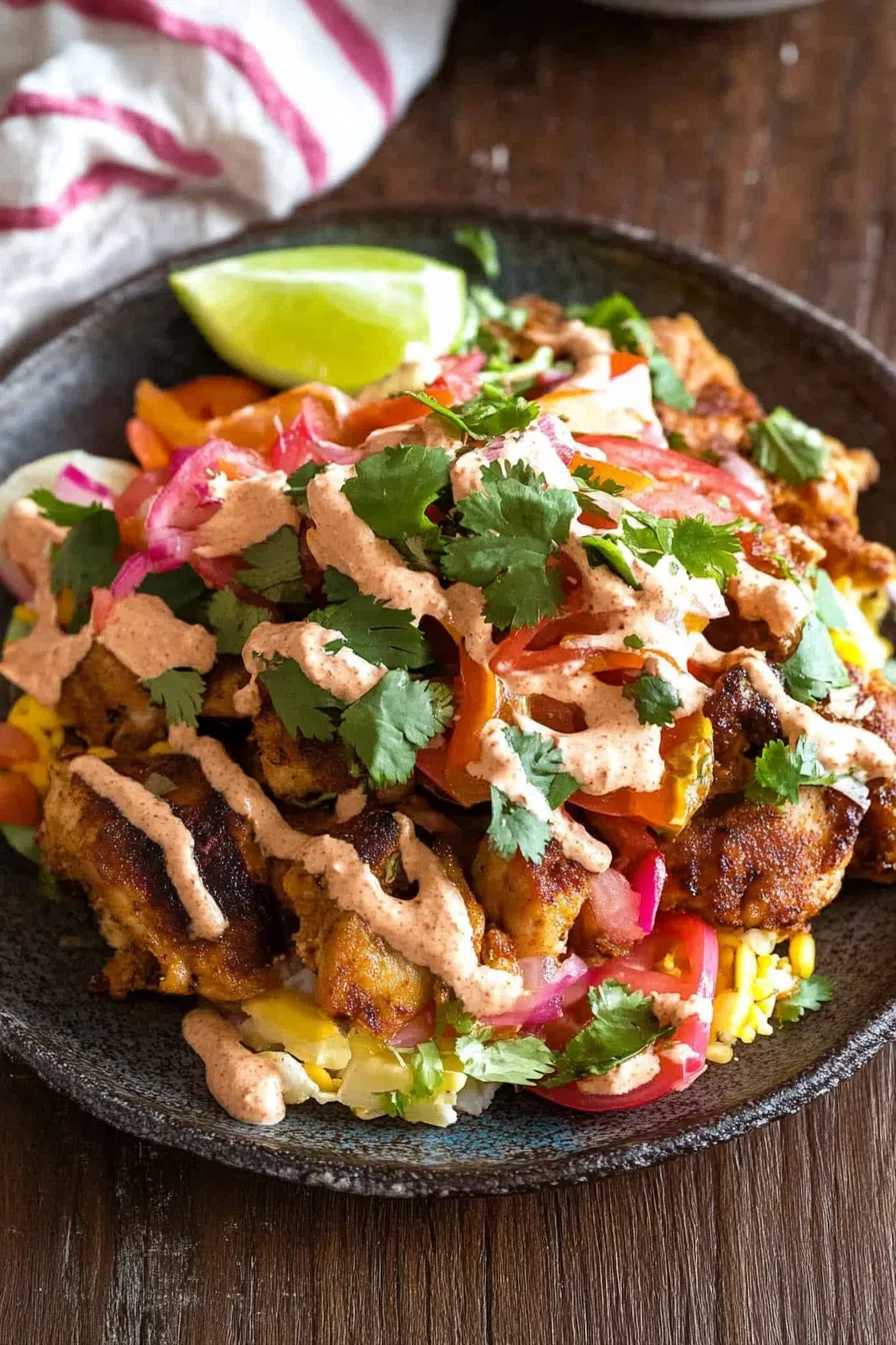 A serving of pollo con tajadas on a white plate, garnished with fresh cilantro and a side of slice of lemon.