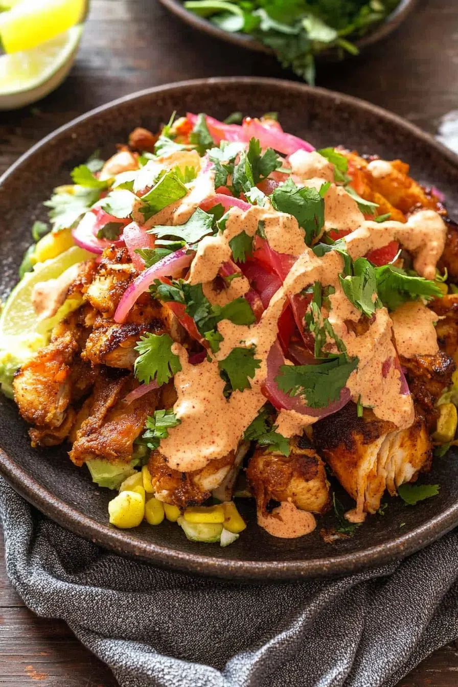 A plate of crispy fried chicken served with golden plantain slices and fresh coleslaw.