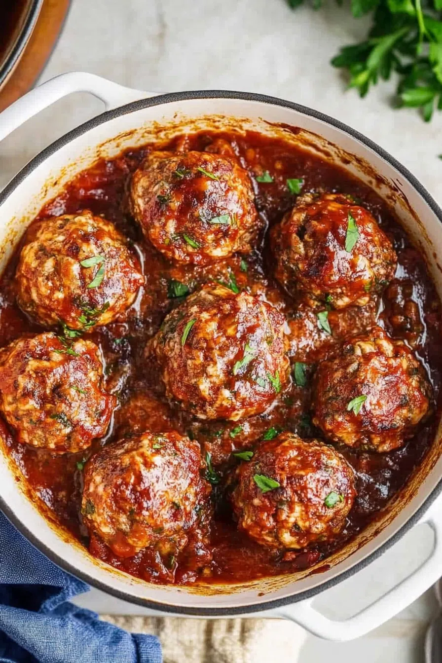 A hearty plate of saucy meatballs garnished with fresh herbs.