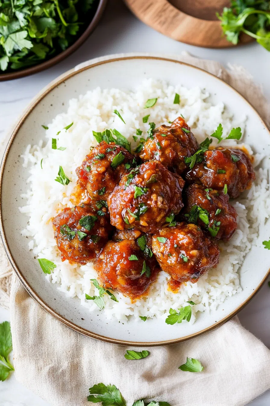Golden-brown meatballs simmering in a thick, flavorful sauce.