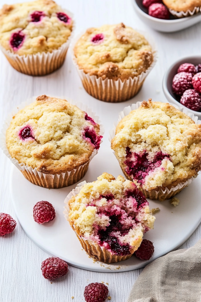 Muffins on a plate with a bite taken out, showing its moist texture and fruity filling.