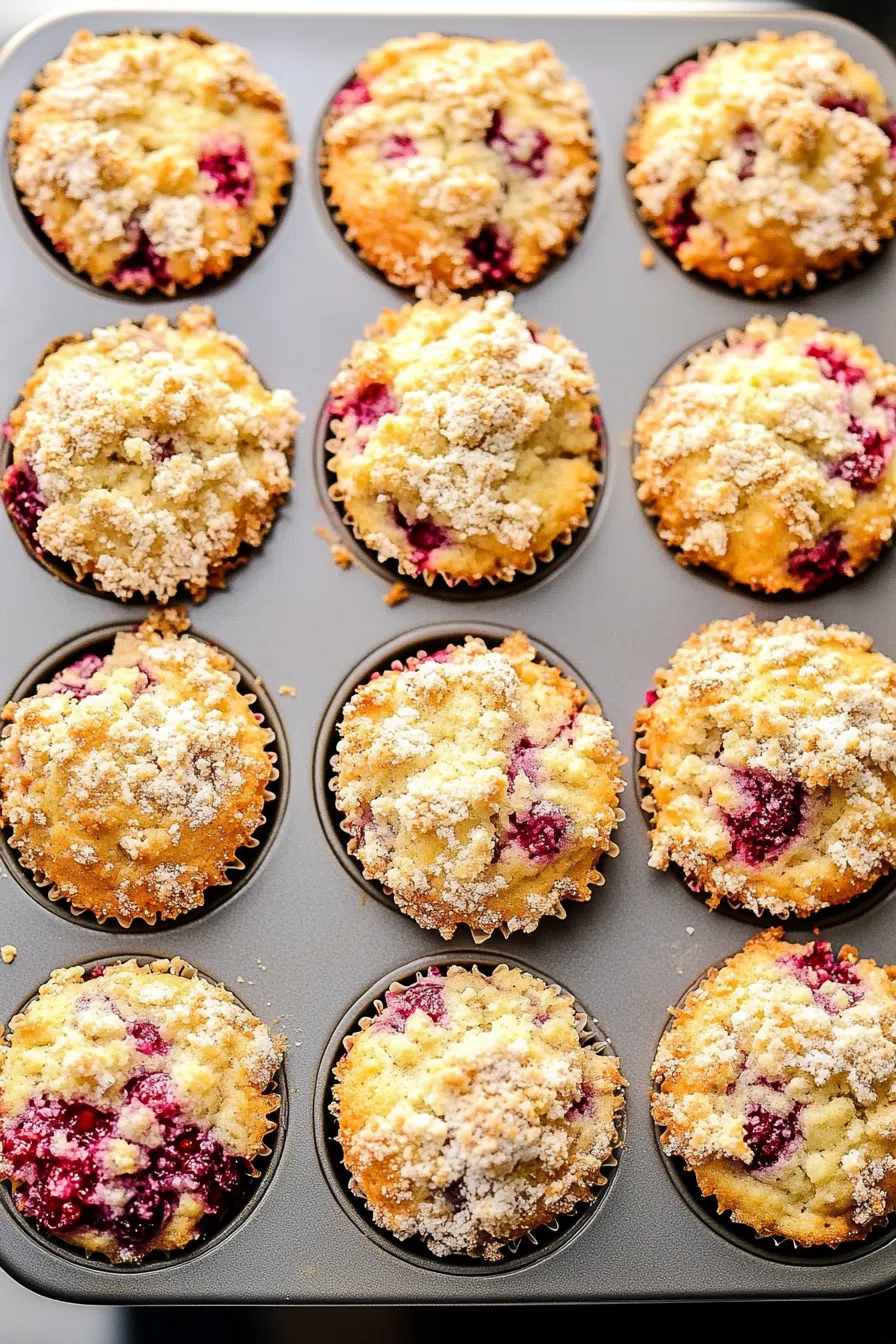 A batch of freshly baked muffins with golden tops and bursts of red raspberries.