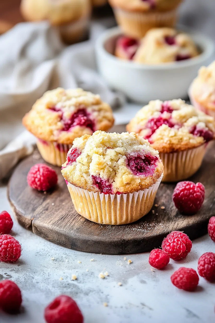 Golden-brown muffins with a slightly cracked top, revealing bright red raspberry pieces.