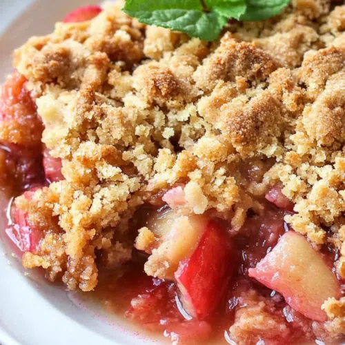 A golden-brown crisp with bubbling rhubarb filling in a baking dish