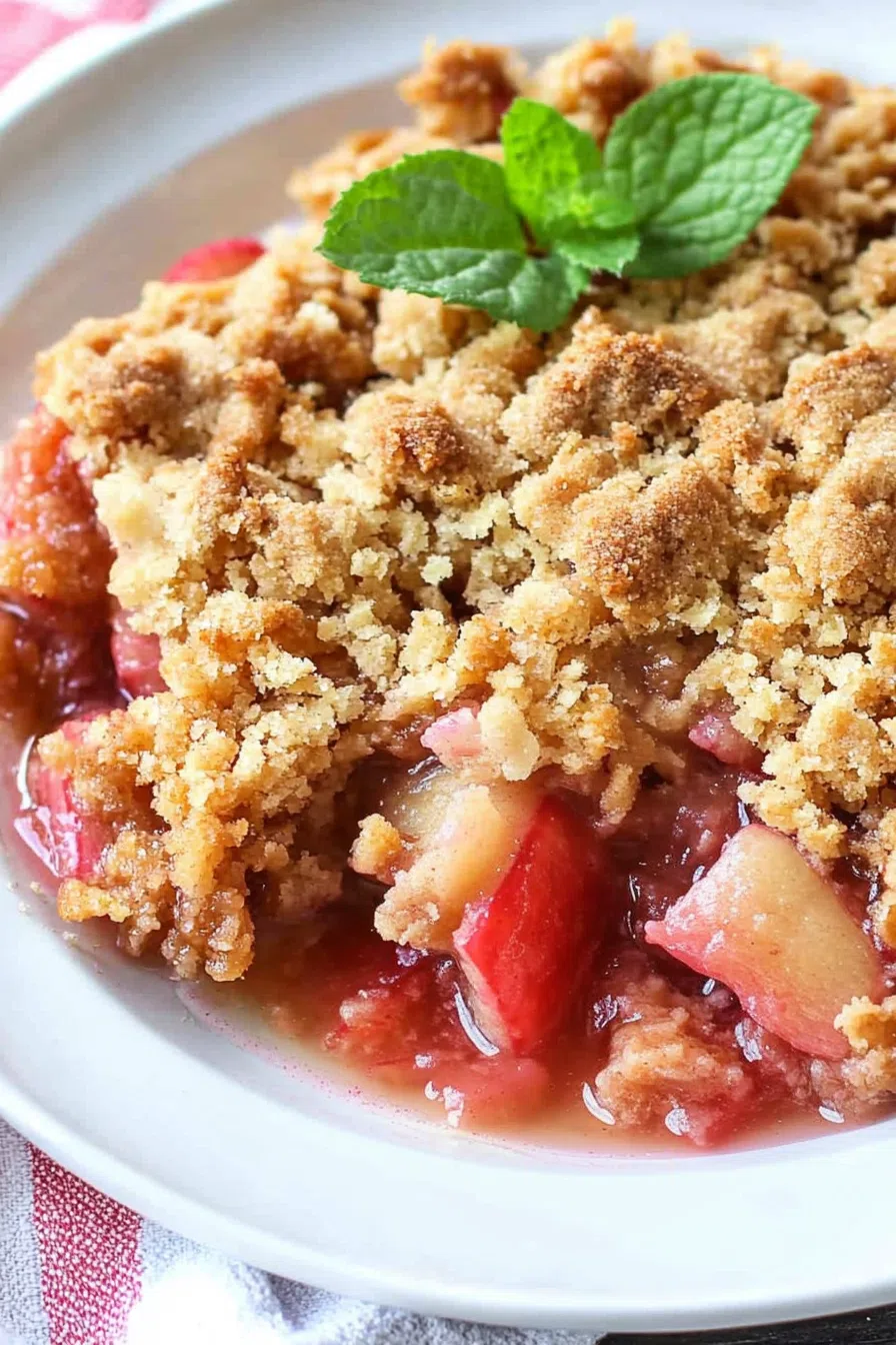 A golden-brown crisp with bubbling rhubarb filling in a baking dish