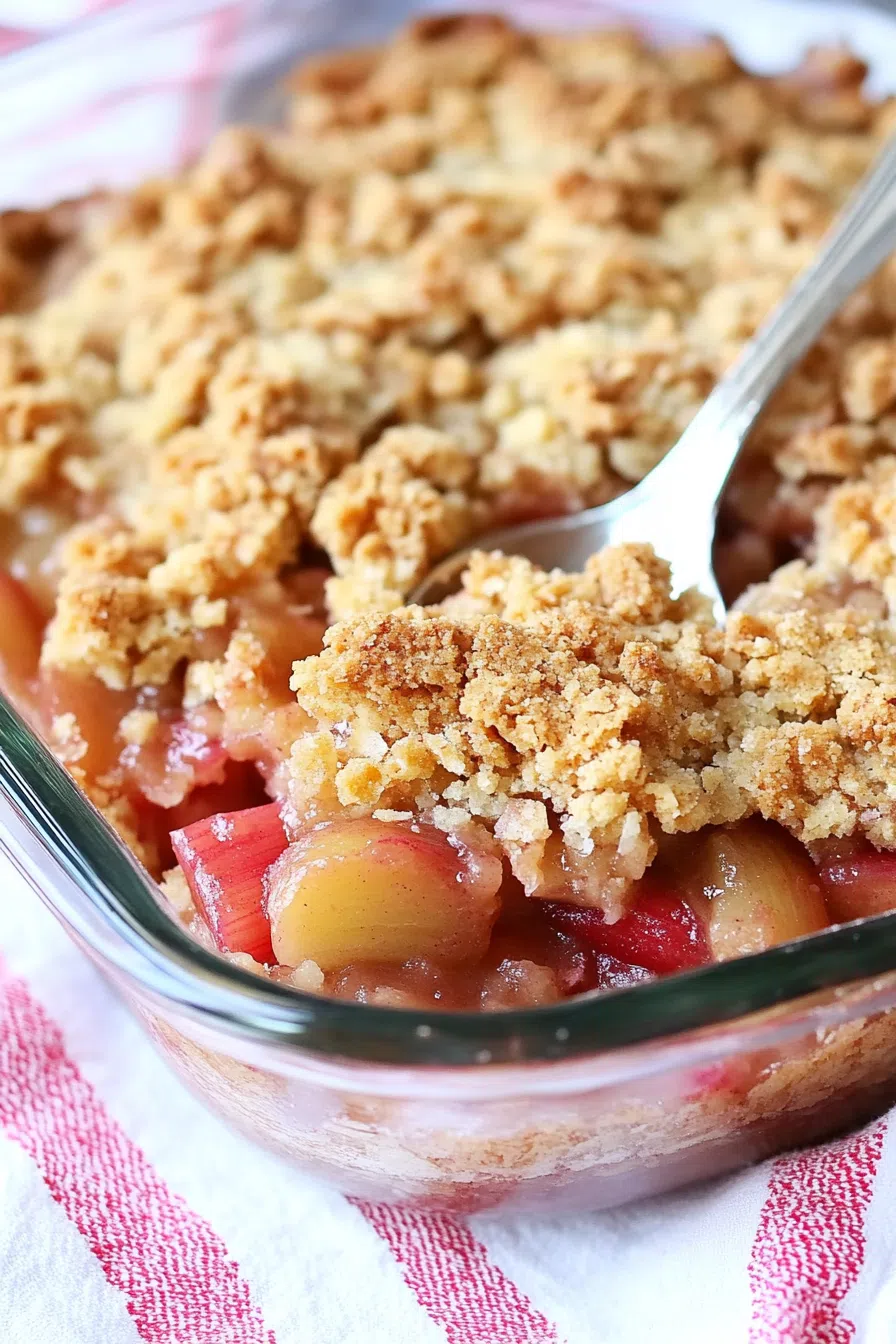 A spoonful of fruit crisp showing the gooey rhubarb layer beneath the crumbly topping.