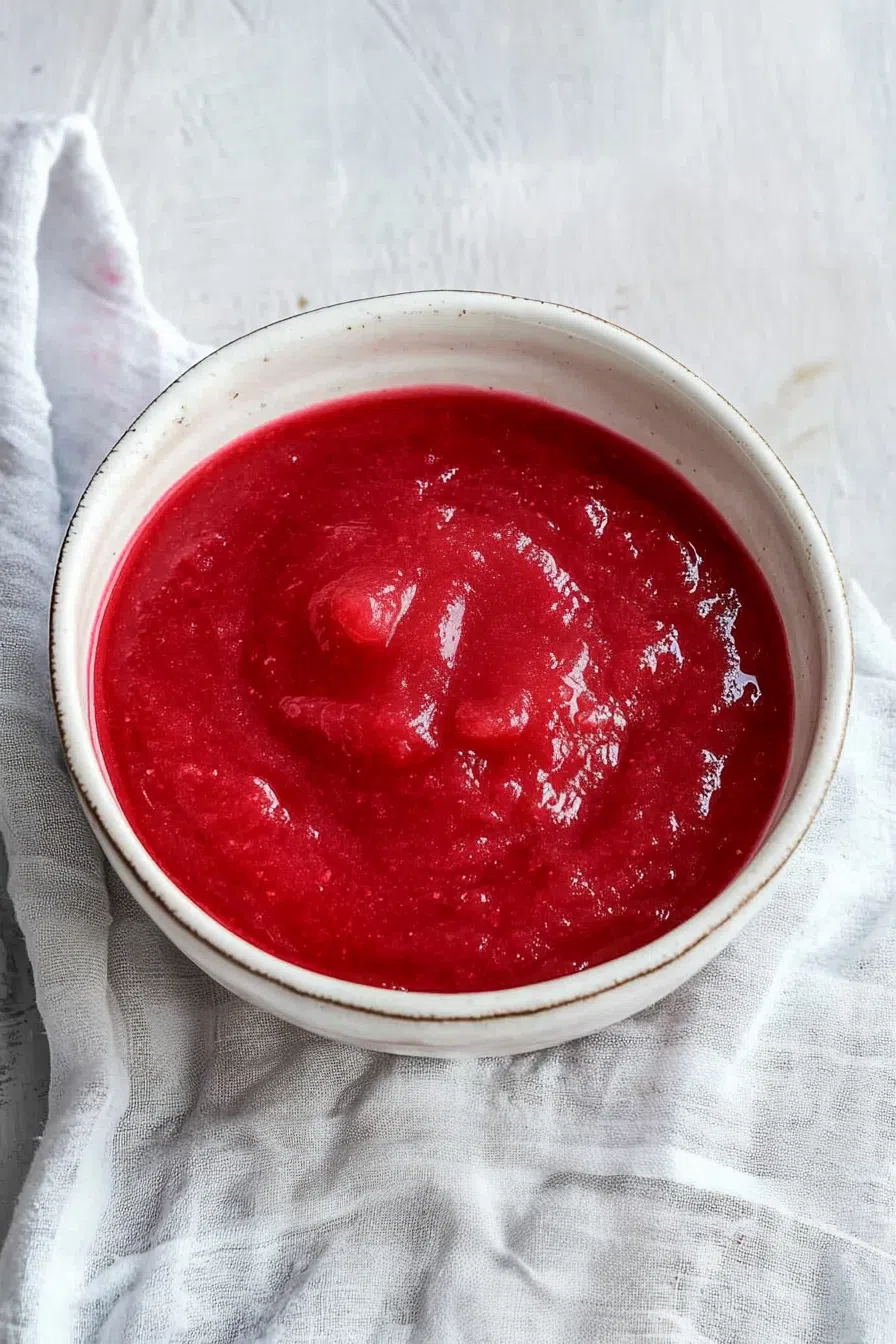 A small glass bowl filled with smooth, vibrant pink sauce, placed on a wooden surface.