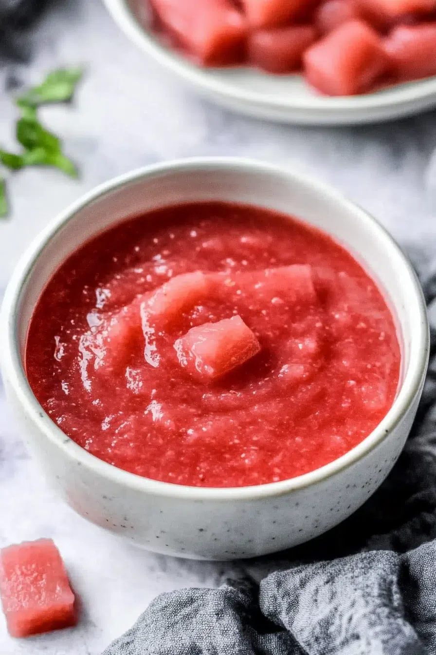 A close-up of a thick, ruby-red sauce with a few chunks of rhubarb visible.