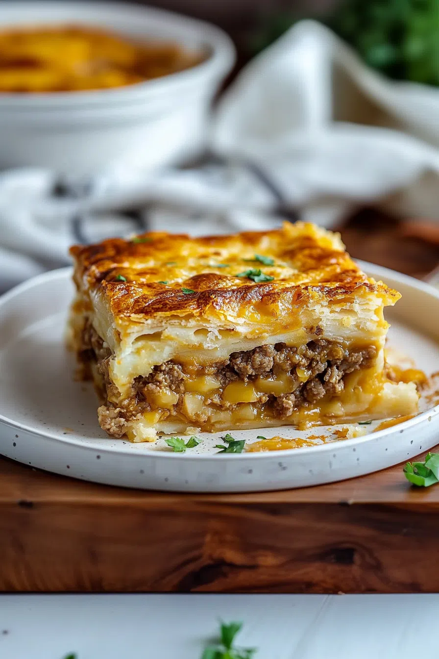A golden, flaky baked casserole with a rich, savory filling.