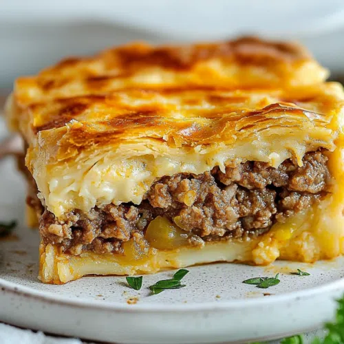 A slice of warm, layered pastry with beef and cabbage inside.