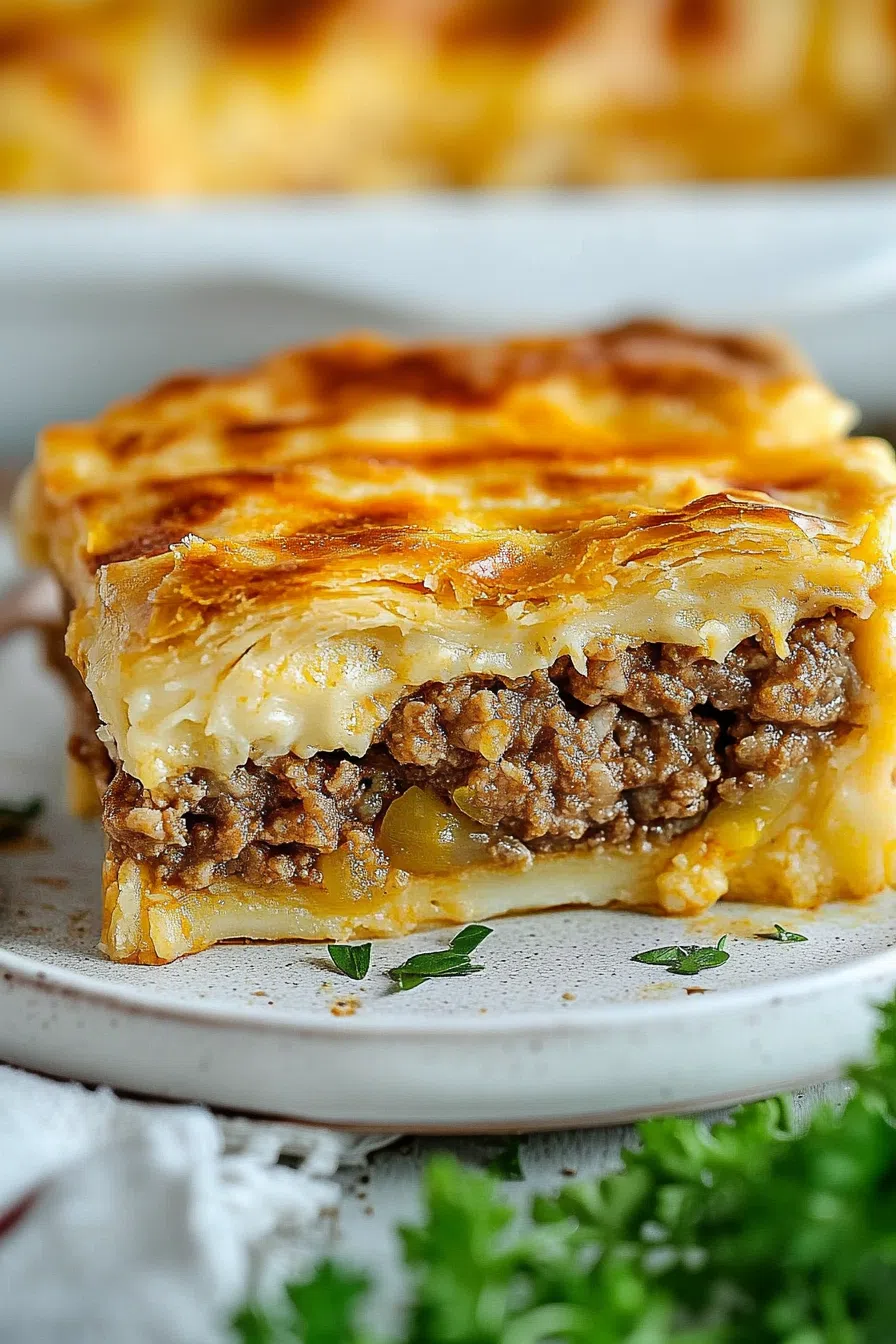 A slice of warm, layered pastry with beef and cabbage inside.