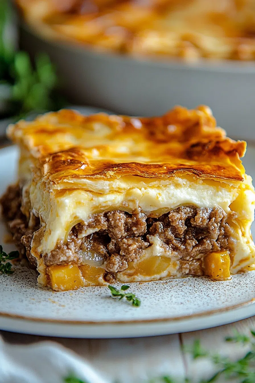 A hearty square of baked dough with a meaty filling on a plate.