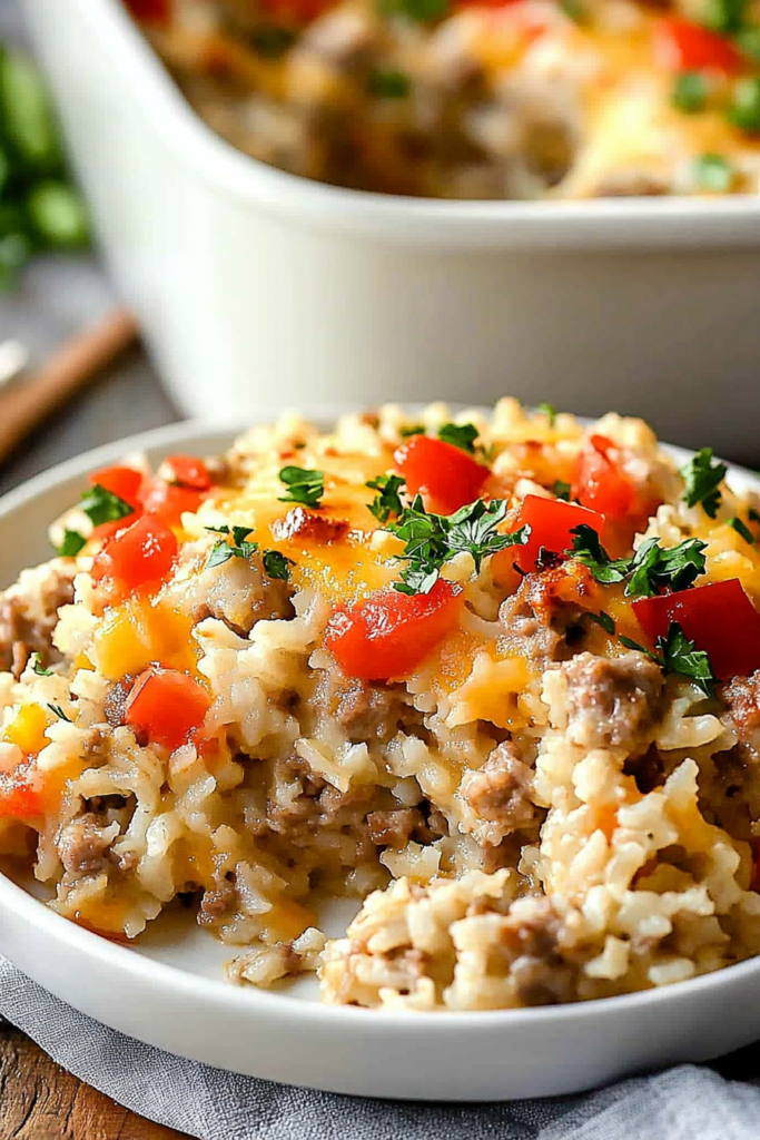 A warm, savory dish with fluffy rice and browned sausage in a rustic serving dish.