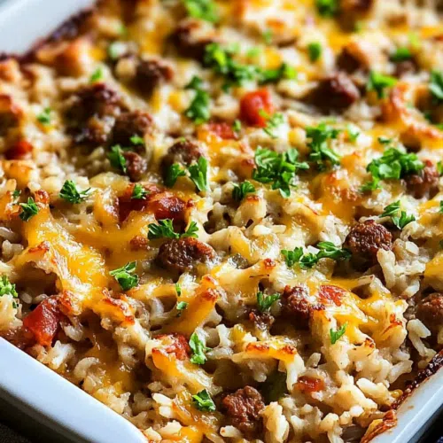 Close-up of a warm, comforting rice dish with bits of sausage and seasoning.