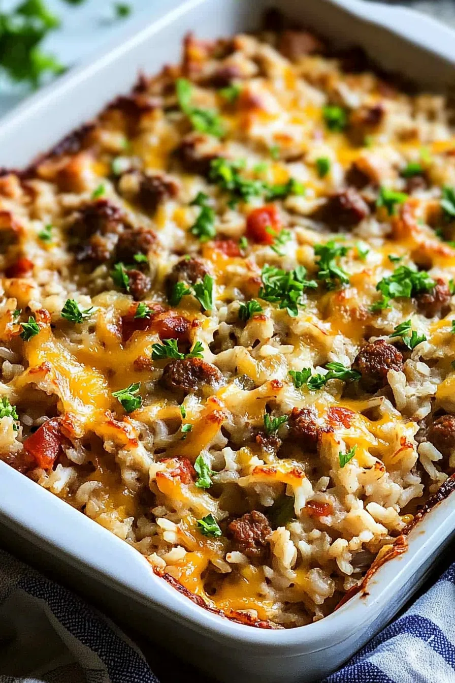 Close-up of a warm, comforting rice dish with bits of sausage and seasoning.