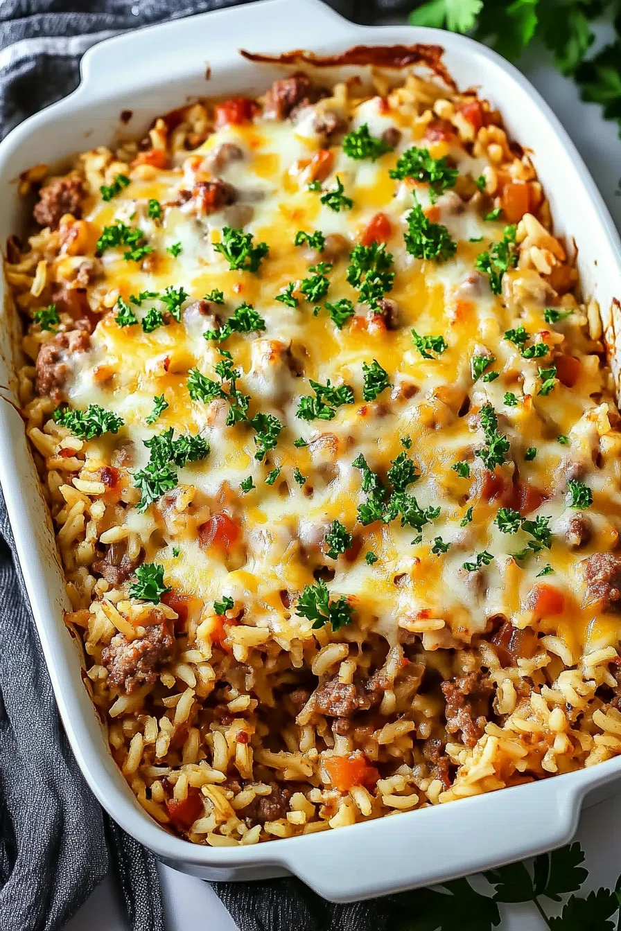 A hearty baked dish with golden-brown edges and a savory filling.