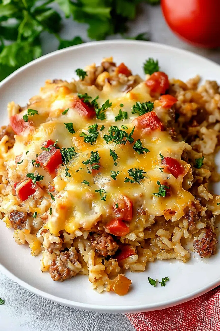 A serving of baked casserole on a plate, topped with fresh herbs.