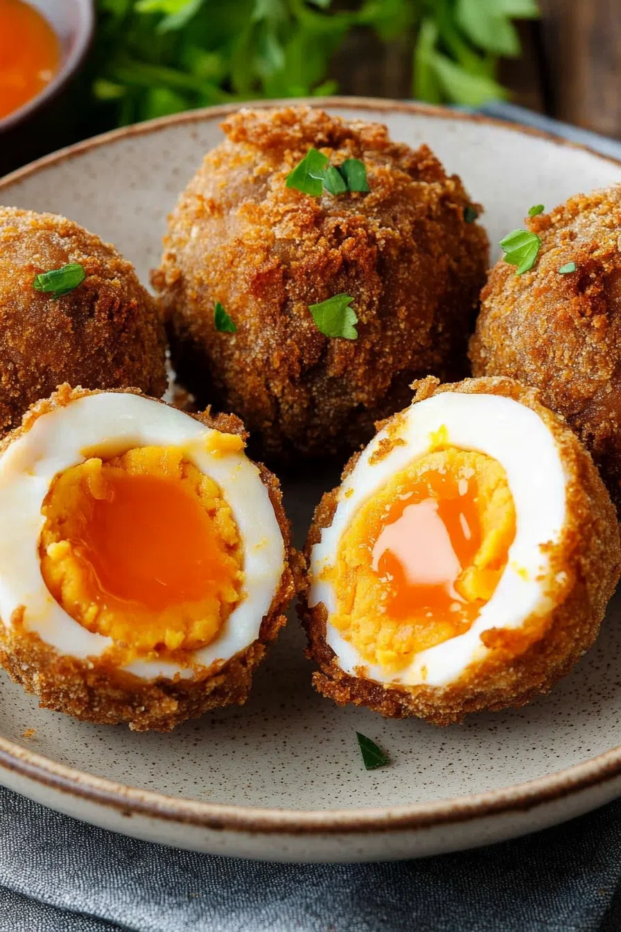 Crispy golden egg wrapped in sausage and sliced in half to show the soft yolk.