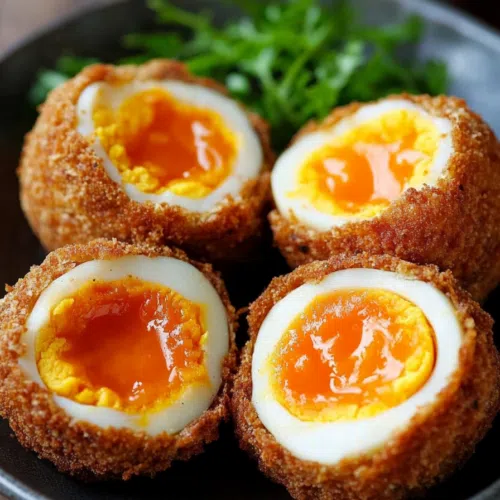 Overhead view of several halved eggs with crunchy outer coating.