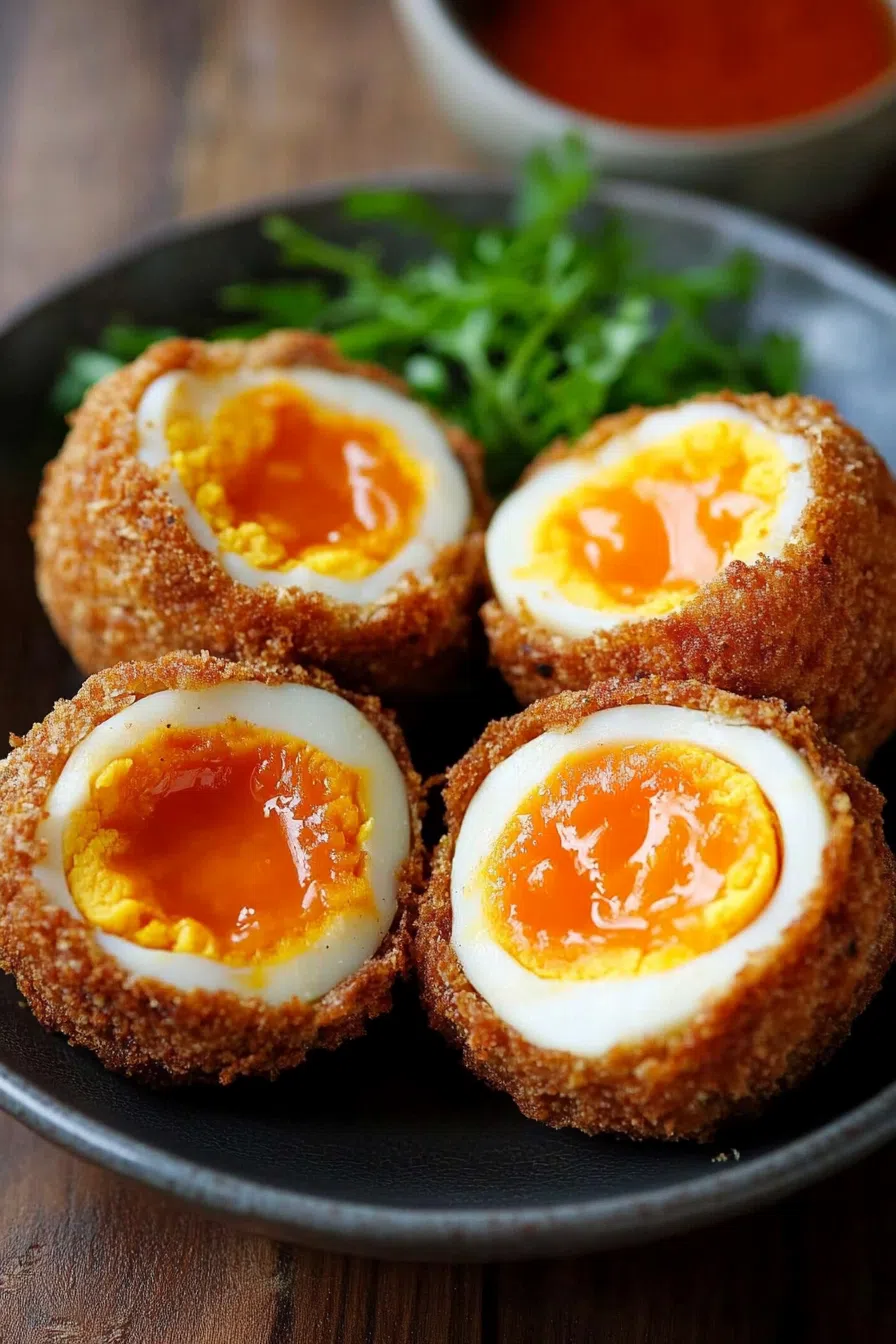 Overhead view of several halved eggs with crunchy outer coating.