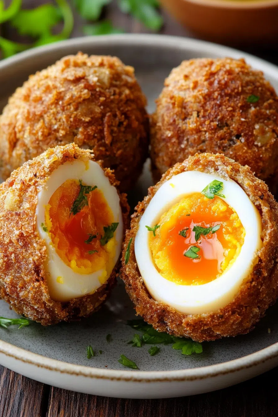 Close-up of a halved fried egg wrapped in sausage and coated with breadcrumbs.