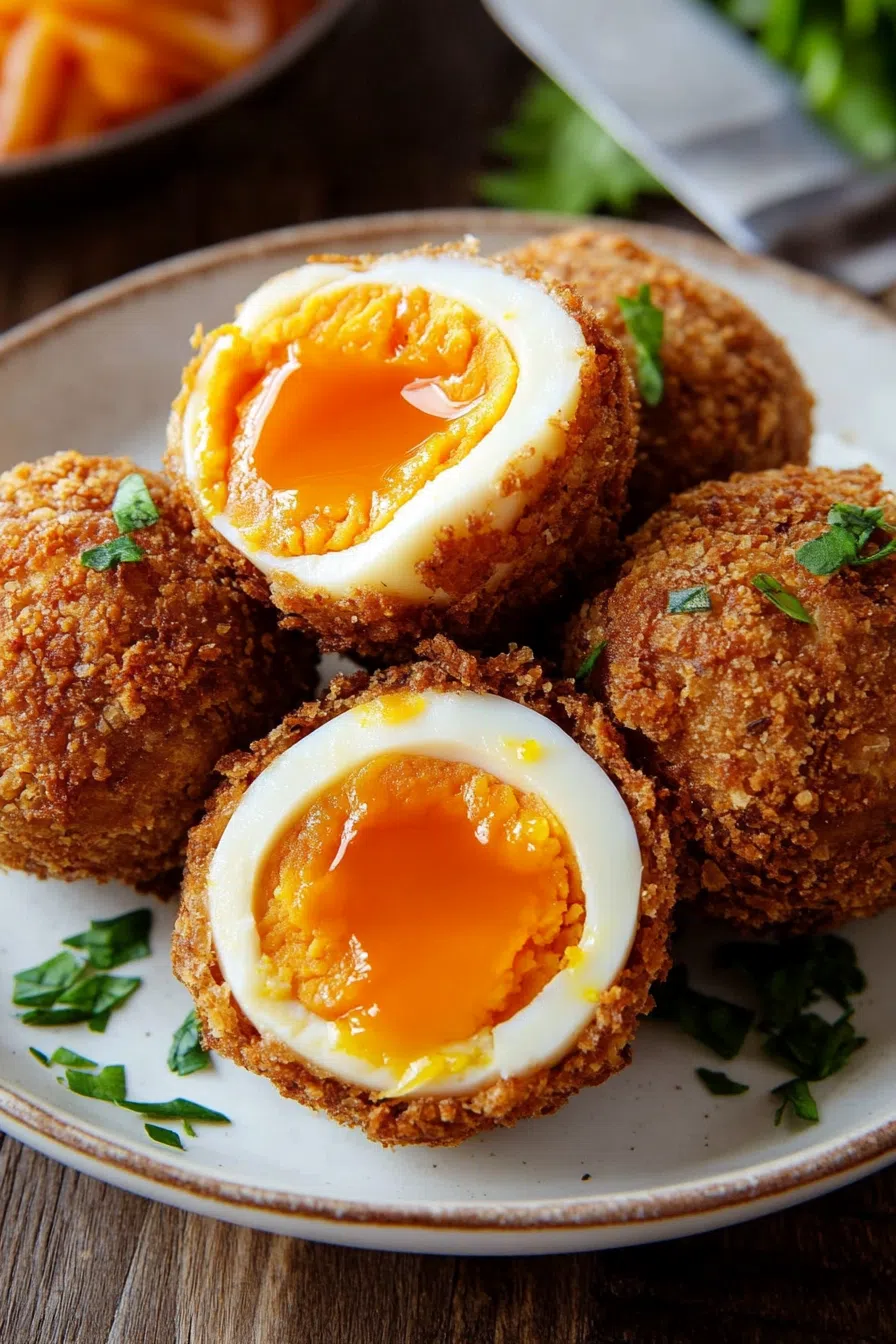Whole and sliced savory eggs arranged neatly on a serving platter.