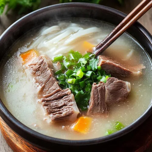 A bowl of milky white broth with thinly sliced beef and green onions.