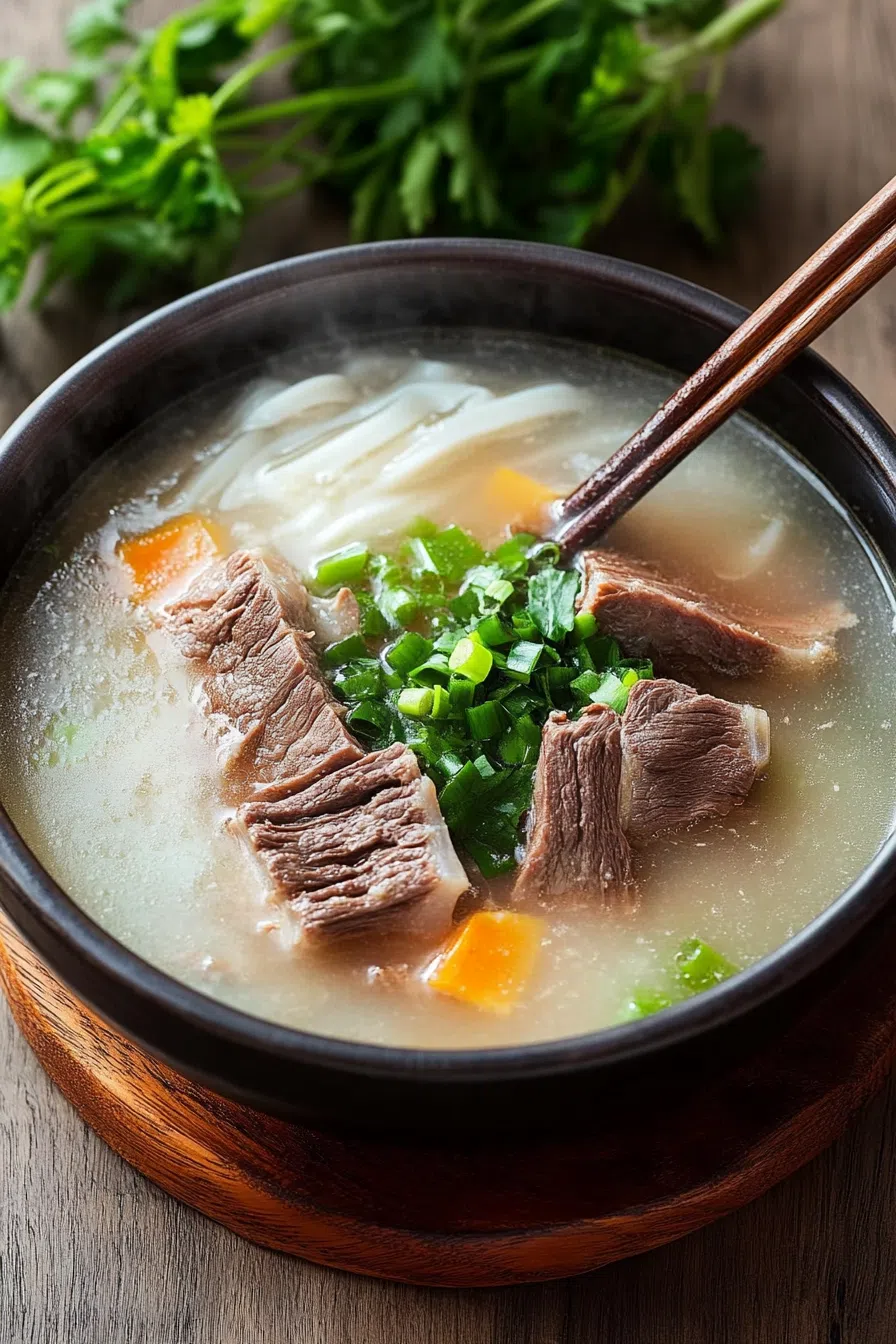 A bowl of milky white broth with thinly sliced beef and green onions.