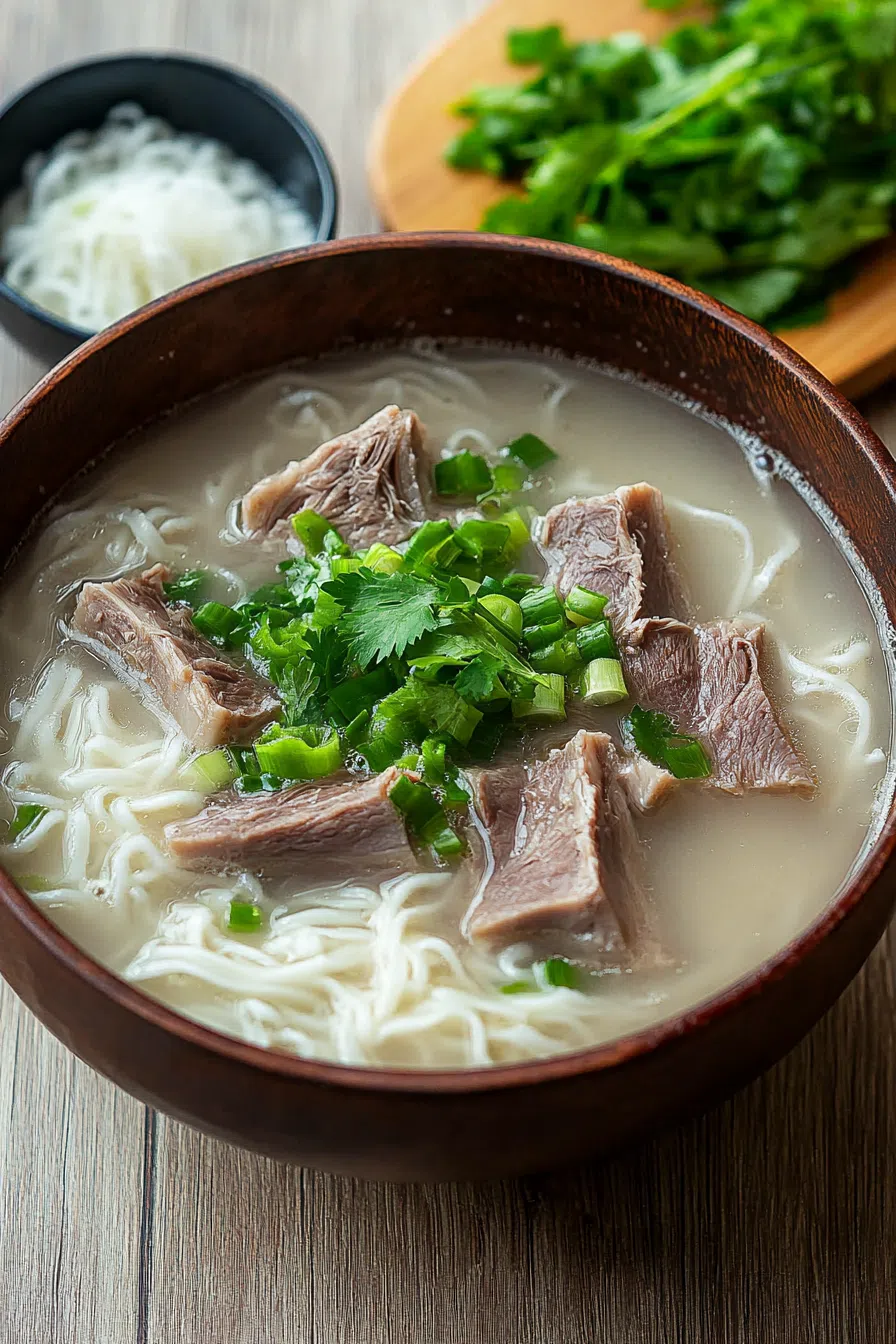 Close-up of a steaming bowl of soup with tender beef and noodles.
