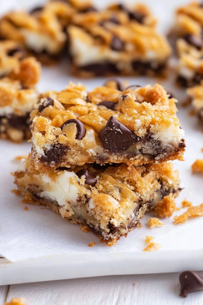 A sweet, baked treat with visible layers of chocolate, coconut, and nuts.