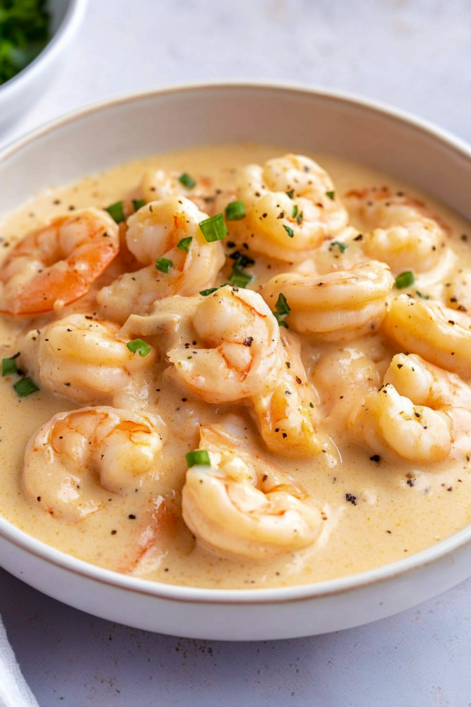 Close-up of shrimp coated in a smooth, buttery sauce.