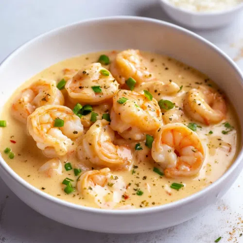 Rich, velvety seafood dish garnished with fresh herbs.