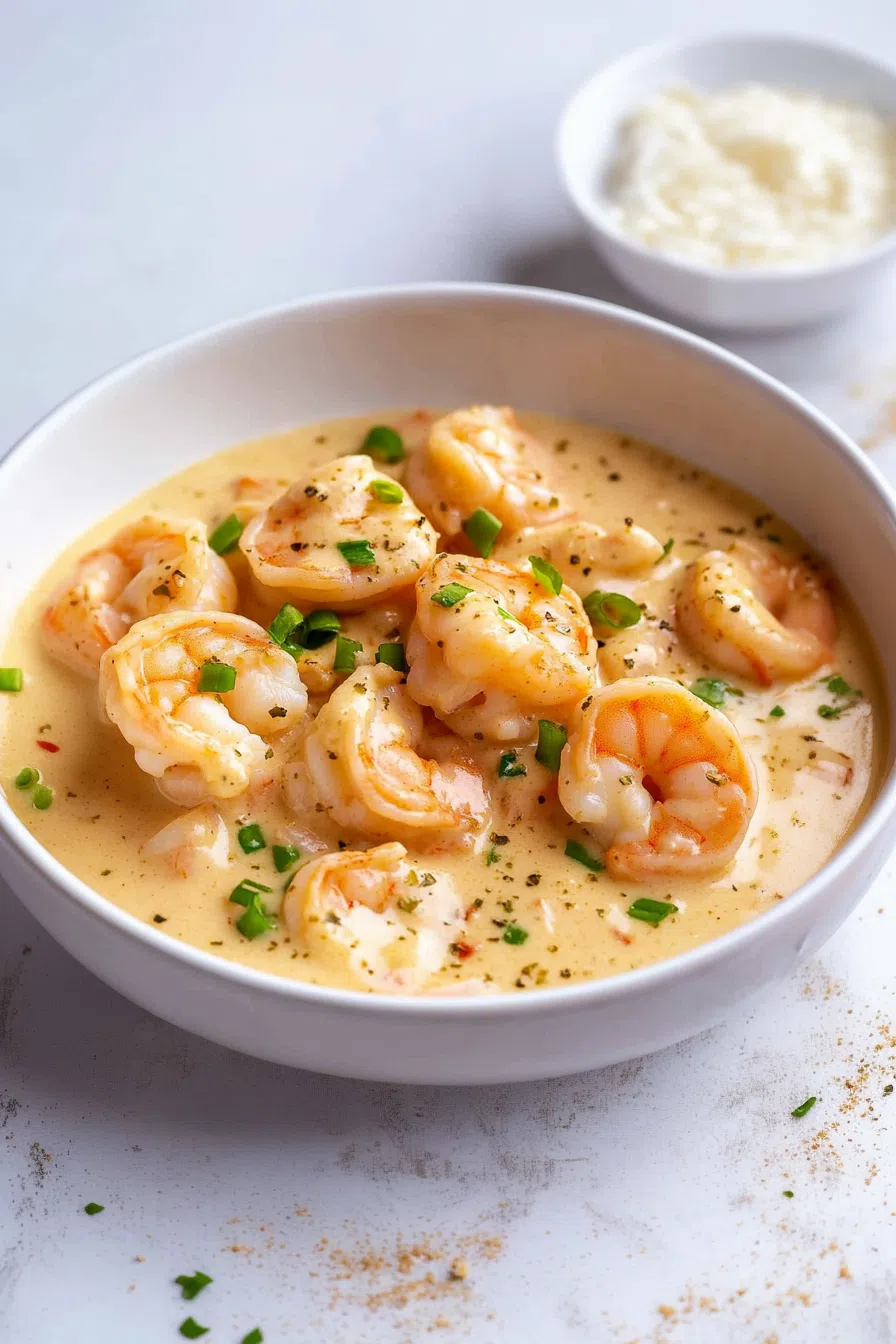 Rich, velvety seafood dish garnished with fresh herbs.