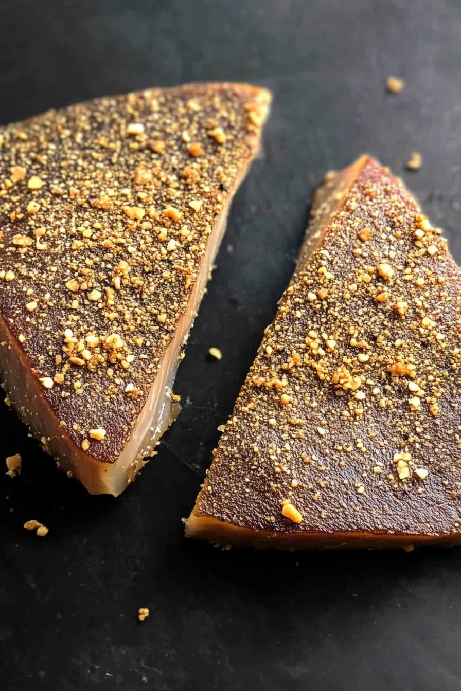 Close-up of smoked tuna fillets, their rich, reddish-brown hue glistening under natural light.