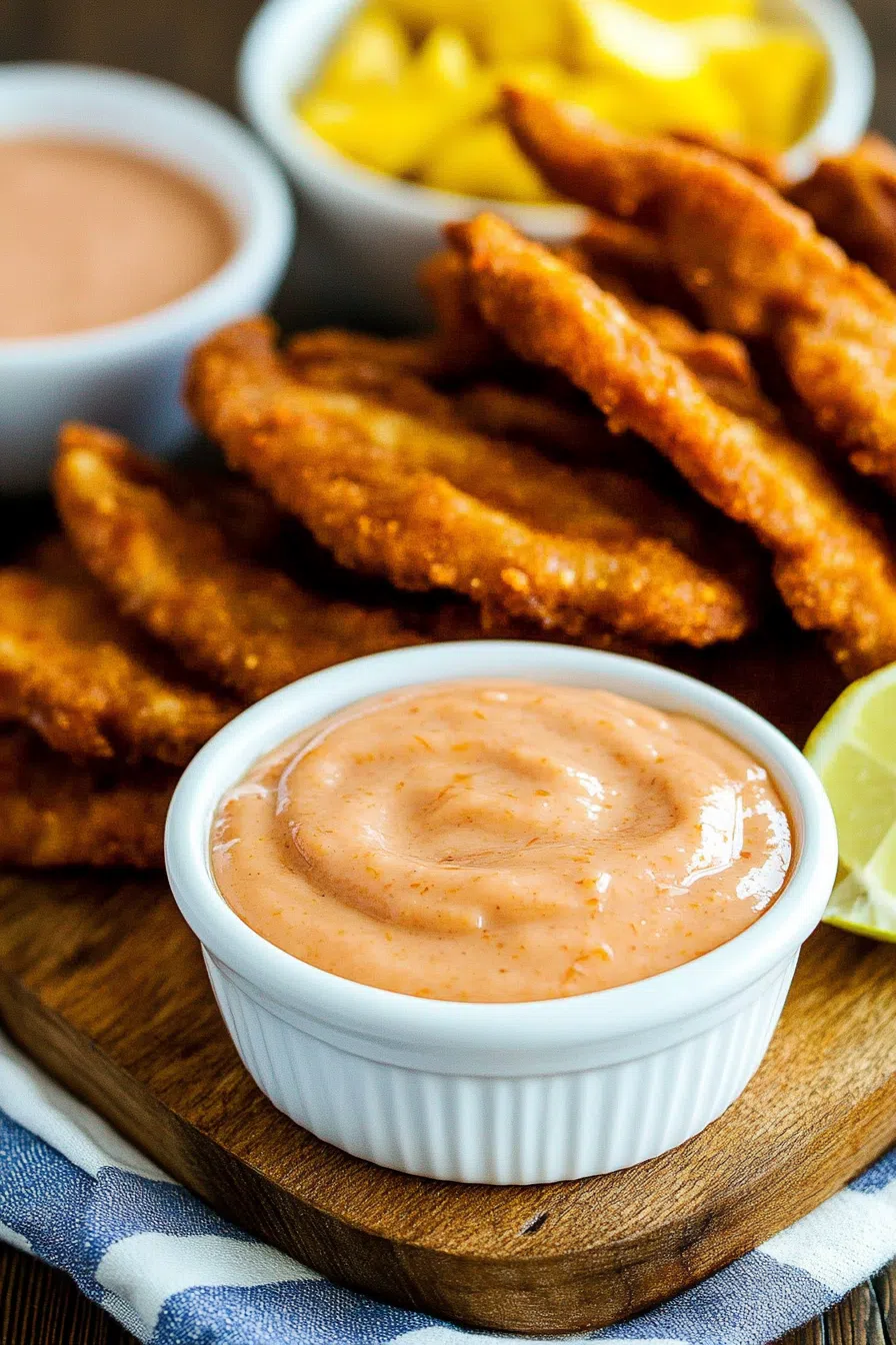 Golden onion rings served with a cup of smooth, zesty sauce for dipping.