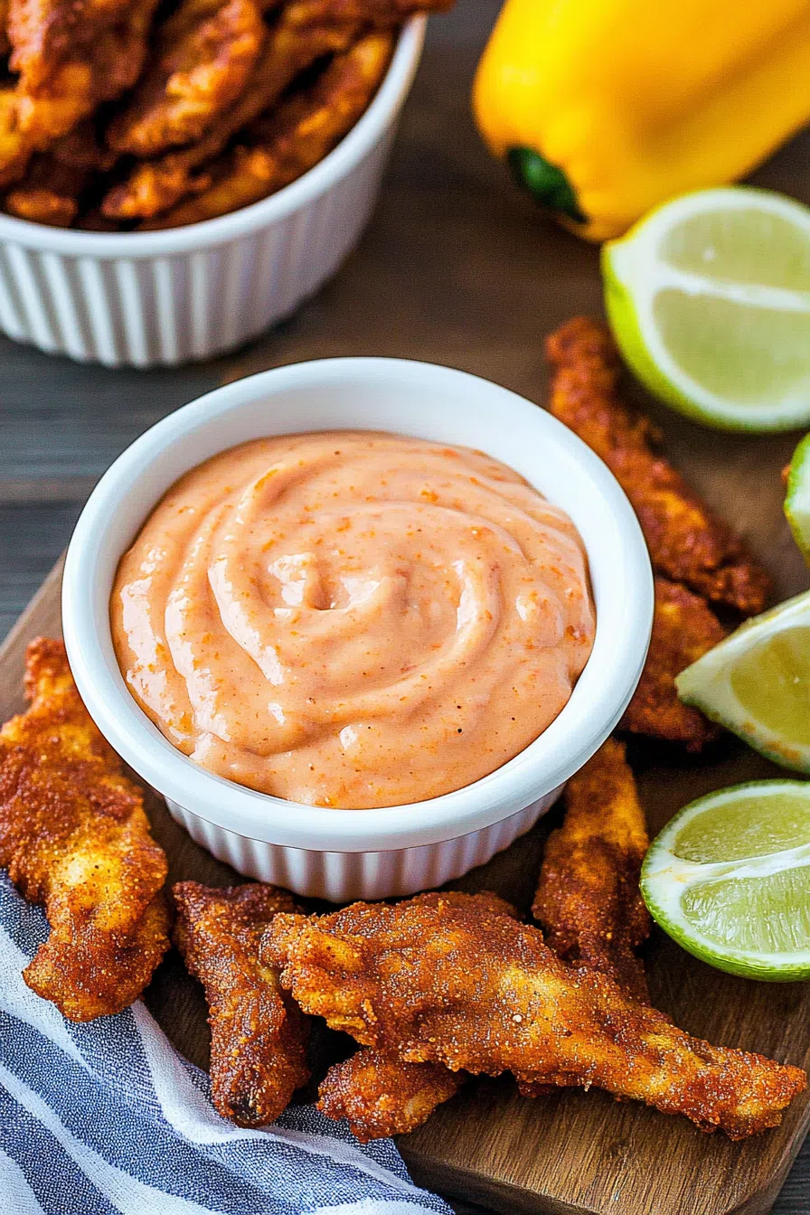 Crispy fried shrimp on a plate with a side of tangy dipping sauce.