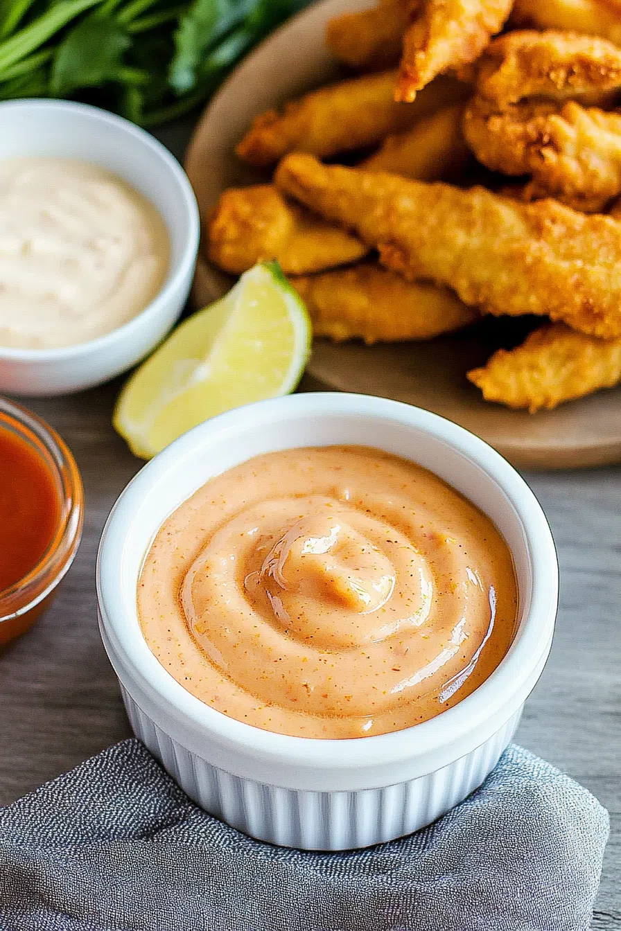 A cup of zesty sauce alongside crispy fried appetizers on a serving platter.
