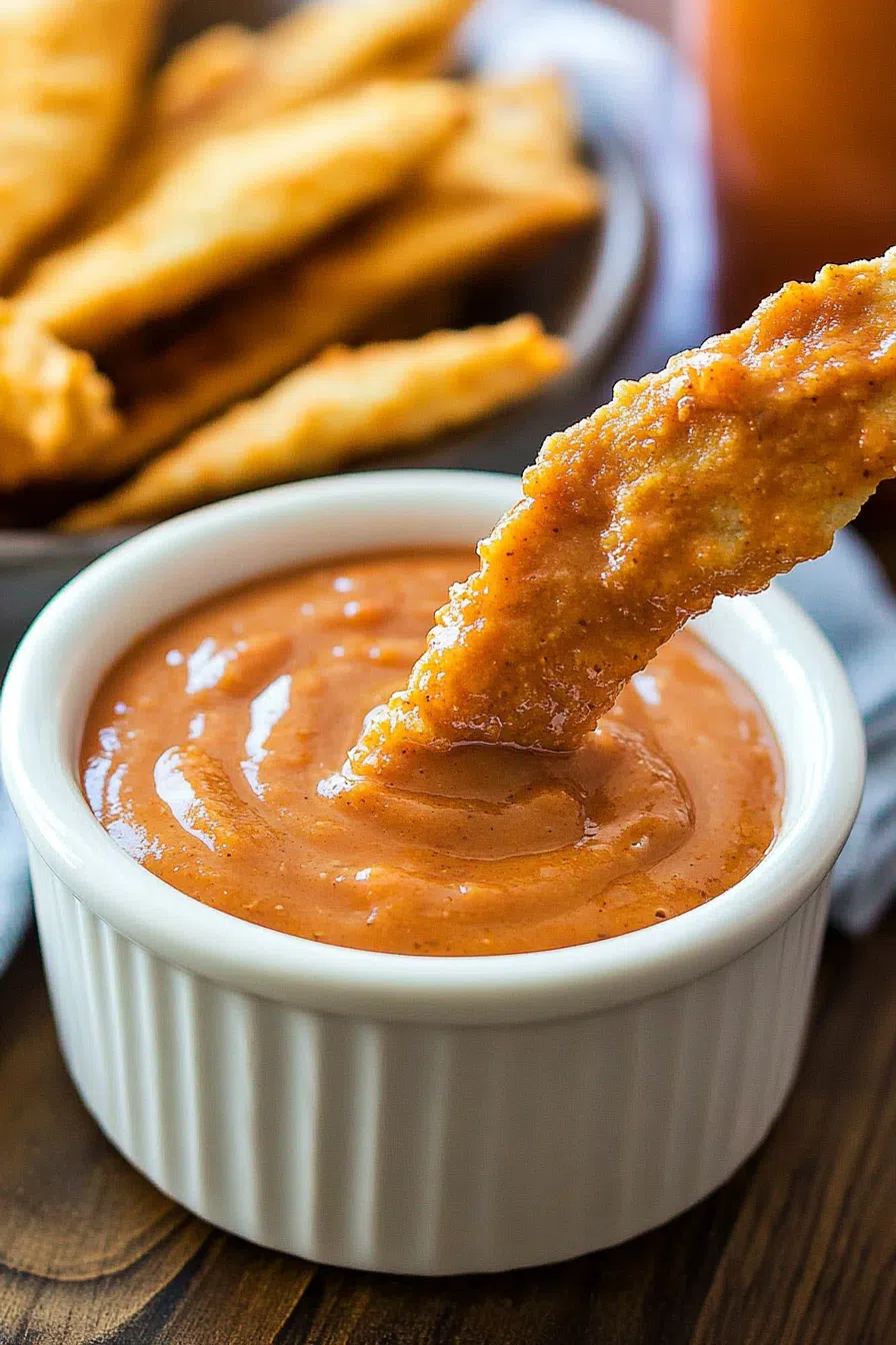 Golden-brown fries dipped into a thick, flavorful sauce in a white ramekin.