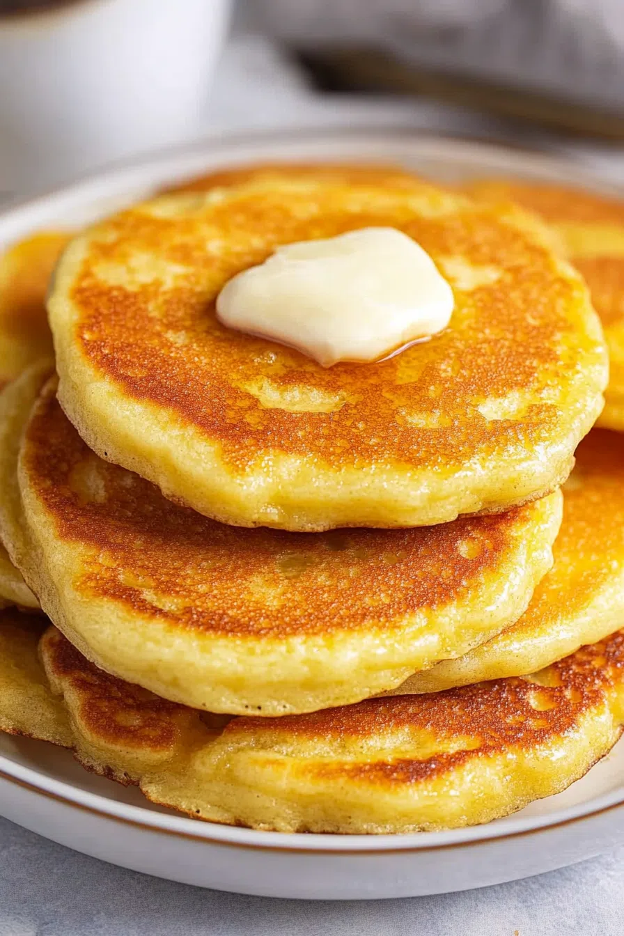 Close-up of crispy-edged pancakes with a pat of butter melting on top.