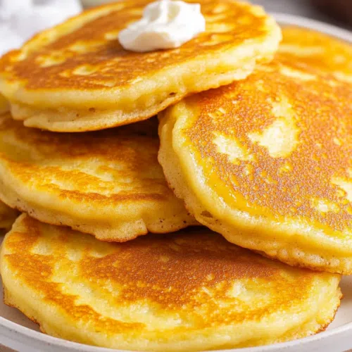Golden cornmeal cakes stacked on a serving plate, ready to eat.