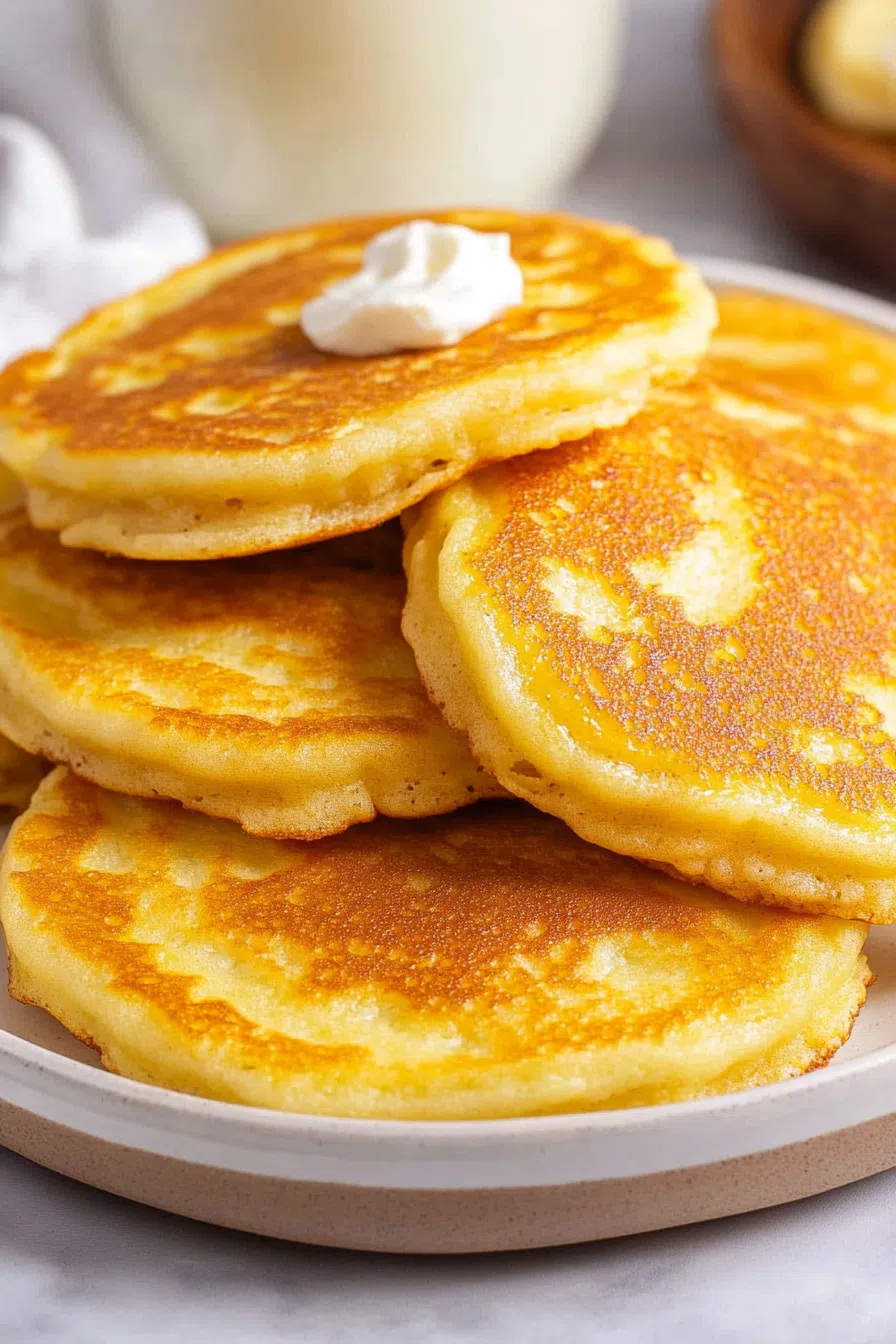 Golden cornmeal cakes stacked on a serving plate, ready to eat.