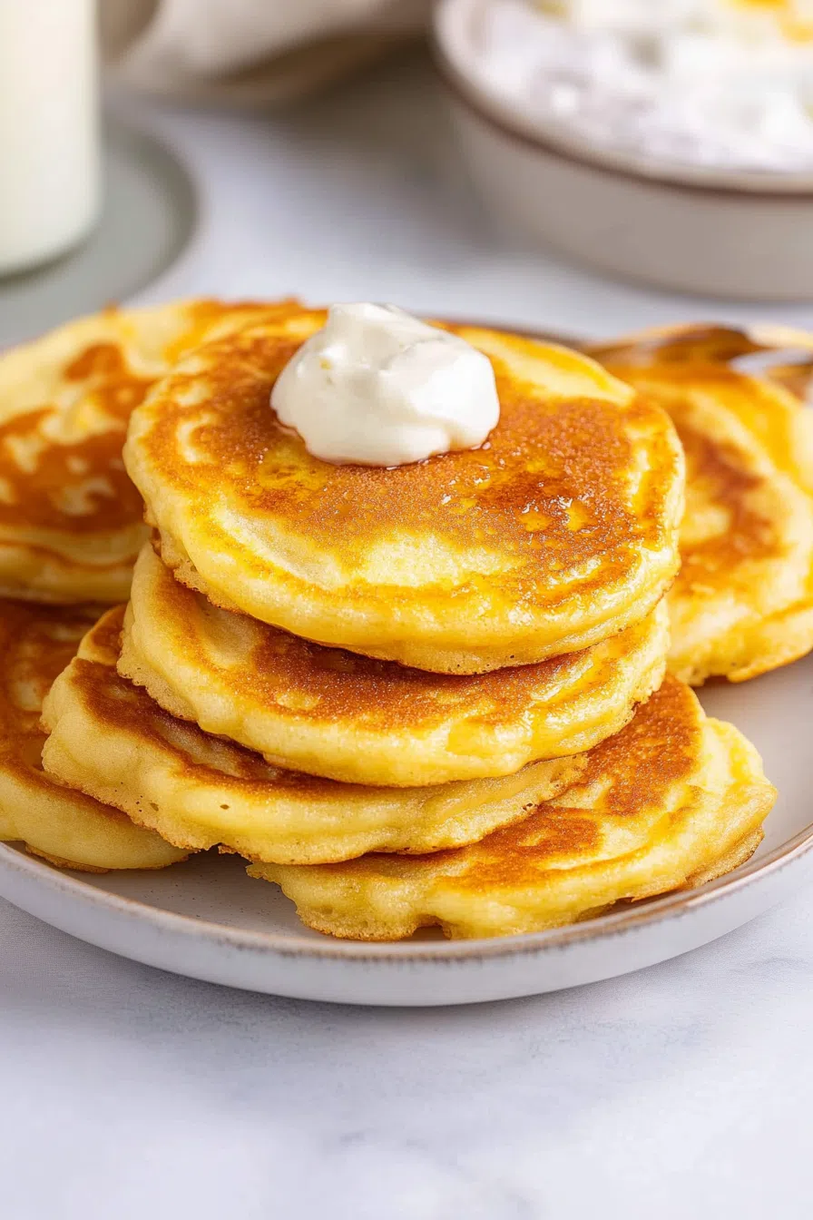 A stack of golden, crispy-edged cornmeal cakes on a rustic plate.